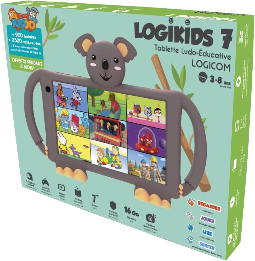 Logicom - Leertablet met touchscreen voor kinderen - LOGIKIDS 7-7" scherm - Kinderen van 3 tot 8 jaar - Batterij 3000 mAh - Android 13-2 GB RAM - Zwart