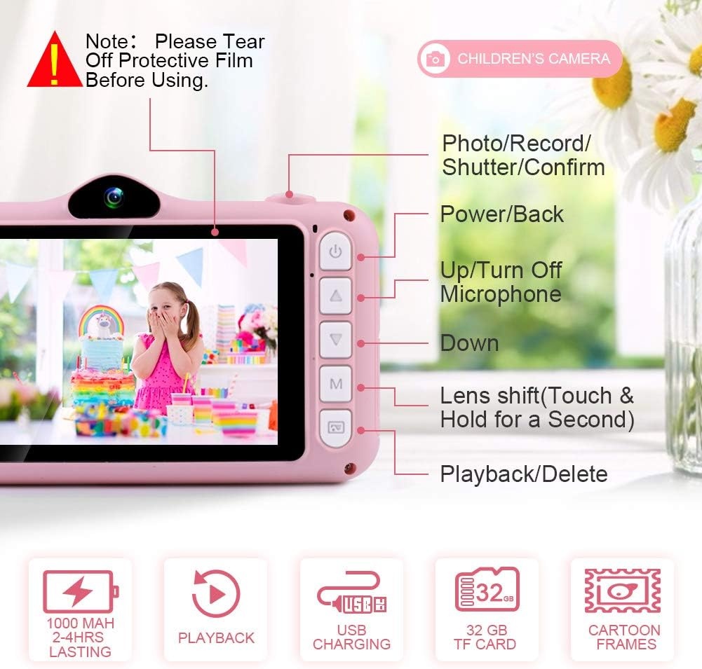 Kinderfotocamera - Camera voor Kinderen met Groot Display van 3,5 Inch, 1080P HD 12 MP, geïntegreerde SD-kaart, 32 GB, USB Oplaadbaar, Digitale Camera, Meisjes, Jongens, Verjaardag, Kerstmis, Geschenk