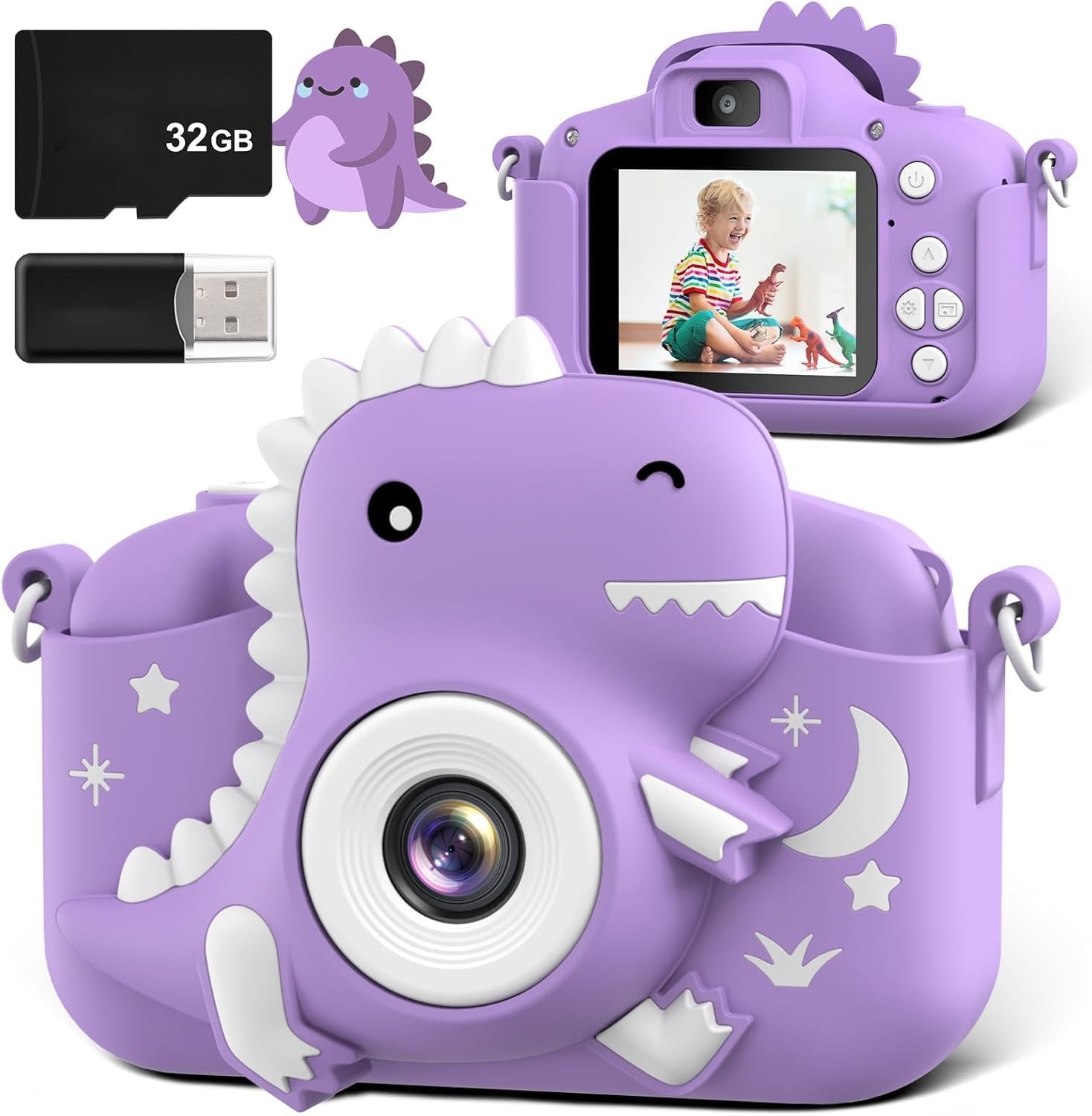 Dinosaur Kids Camera, Toddler Digital Camera for Ages 3-12 Boys Girls Childrens, Christmas Birthday Gifts, Selfie 1080P HD Video Camera for 3 4 5 6 7 8 9 Years Old Boys Girls Toys Purple