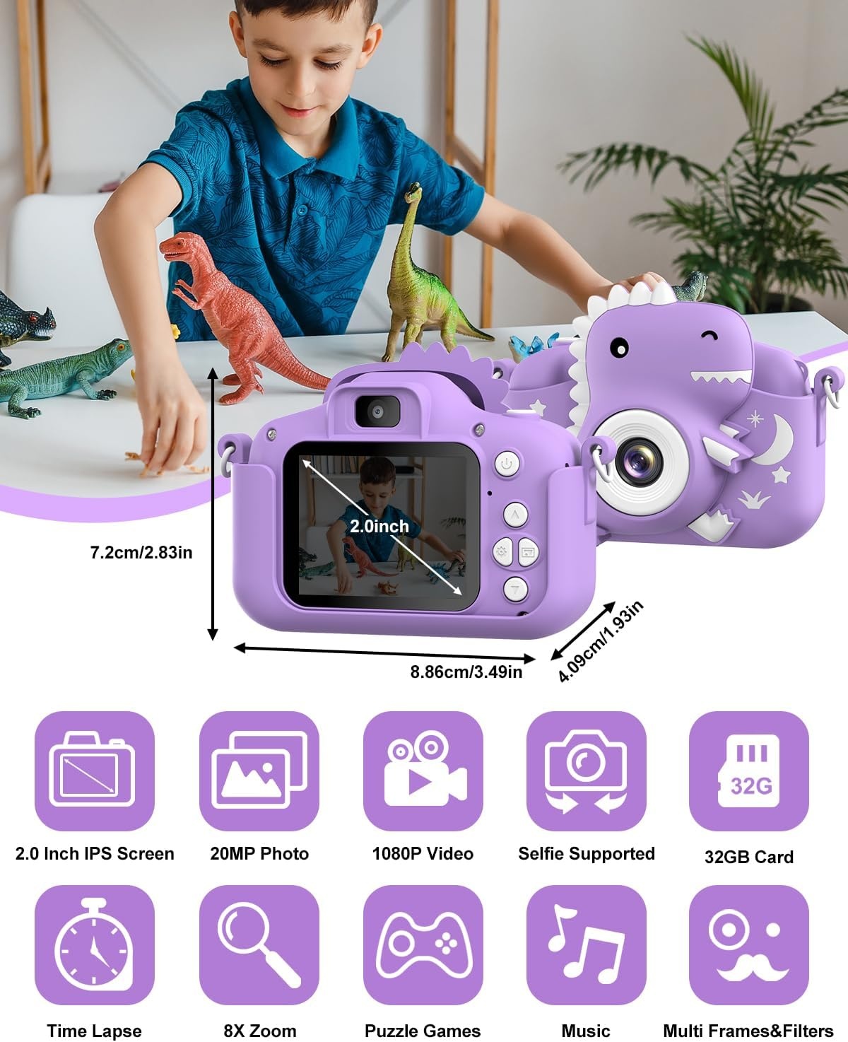 Dinosaur Kids Camera, Toddler Digital Camera for Ages 3-12 Boys Girls Childrens, Christmas Birthday Gifts, Selfie 1080P HD Video Camera for 3 4 5 6 7 8 9 Years Old Boys Girls Toys Purple