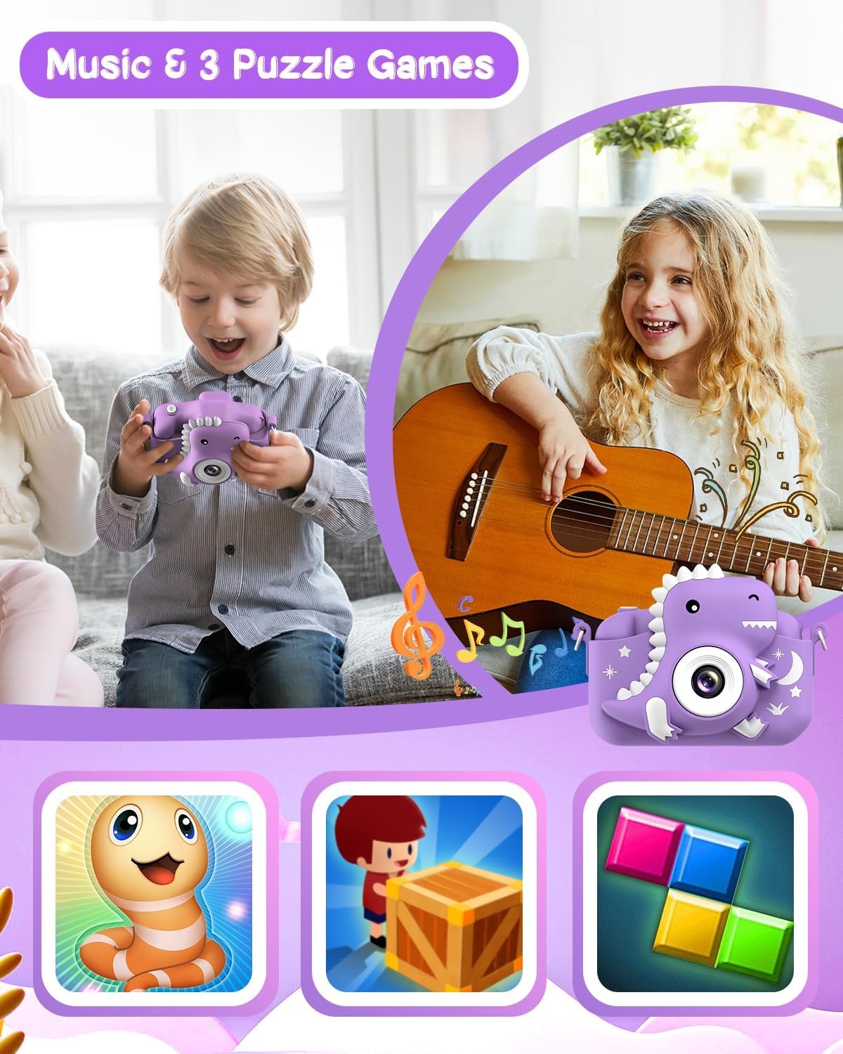 Dinosaur Kids Camera, Toddler Digital Camera for Ages 3-12 Boys Girls Childrens, Christmas Birthday Gifts, Selfie 1080P HD Video Camera for 3 4 5 6 7 8 9 Years Old Boys Girls Toys Purple