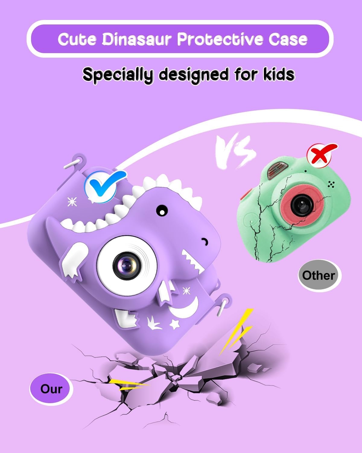 Dinosaur Kids Camera, Toddler Digital Camera for Ages 3-12 Boys Girls Childrens, Christmas Birthday Gifts, Selfie 1080P HD Video Camera for 3 4 5 6 7 8 9 Years Old Boys Girls Toys Purple