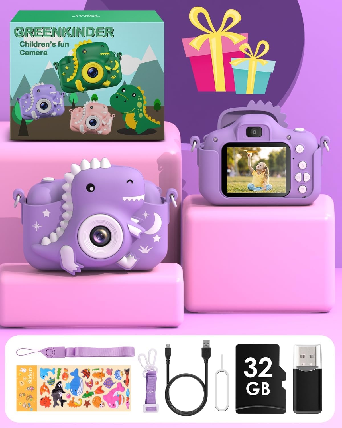 Dinosaur Kids Camera, Toddler Digital Camera for Ages 3-12 Boys Girls Childrens, Christmas Birthday Gifts, Selfie 1080P HD Video Camera for 3 4 5 6 7 8 9 Years Old Boys Girls Toys Purple