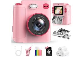 Instant Print Kindercamera 1080P HD Roze | 61% Korting | Incl. 32GB Kaart & Papier