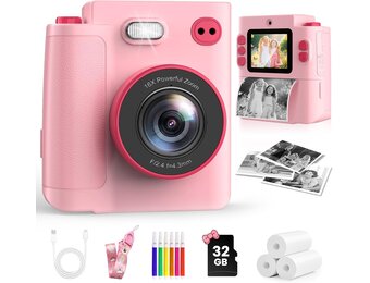 Instant Print kindercamera,1080P instant camera voor kinderen, kids digitale camera met 32 GB kaart en fotopapier, kerstverjaardagscadeaus kinderspeelgoed voor kinderen van 3-12 jaar