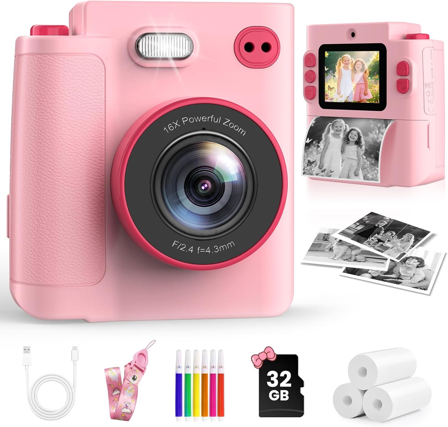 Instant Print kindercamera,1080P instant camera voor kinderen, kids digitale camera met 32 GB kaart en fotopapier, kerstverjaardagscadeaus kinderspeelgoed voor kinderen van 3-12 jaar