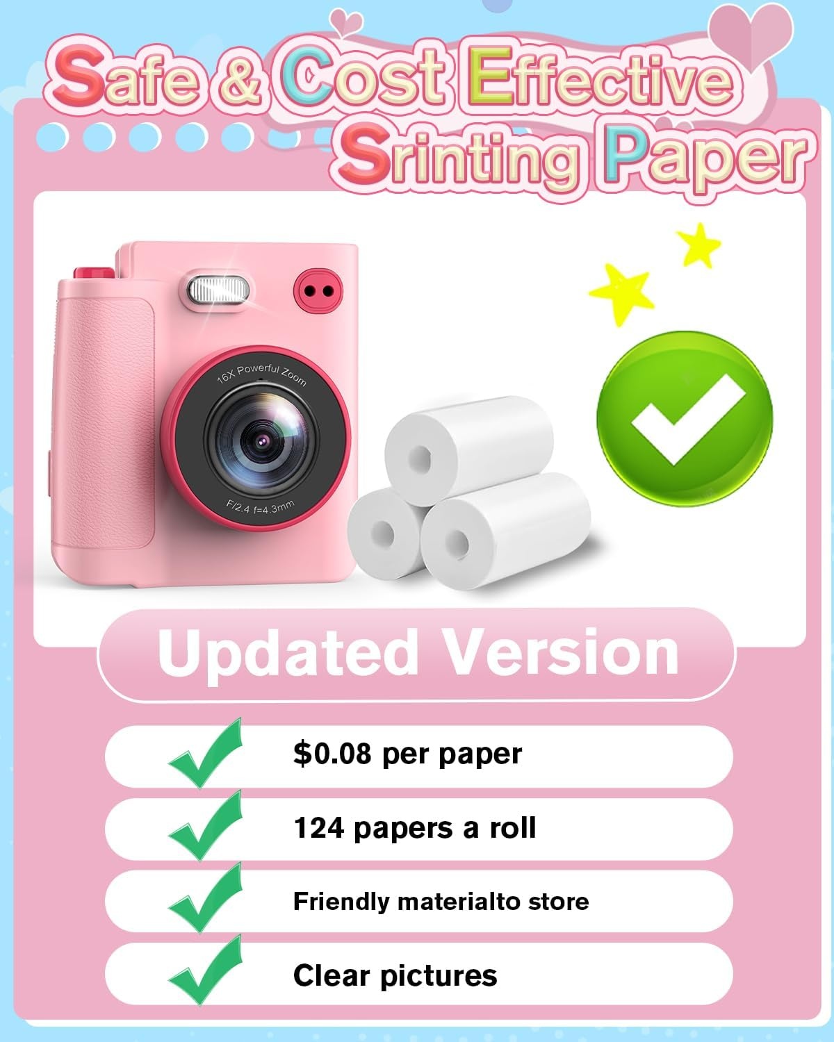 Instant Print kindercamera,1080P instant camera voor kinderen, kids digitale camera met 32 GB kaart en fotopapier, kerstverjaardagscadeaus kinderspeelgoed voor kinderen van 3-12 jaar