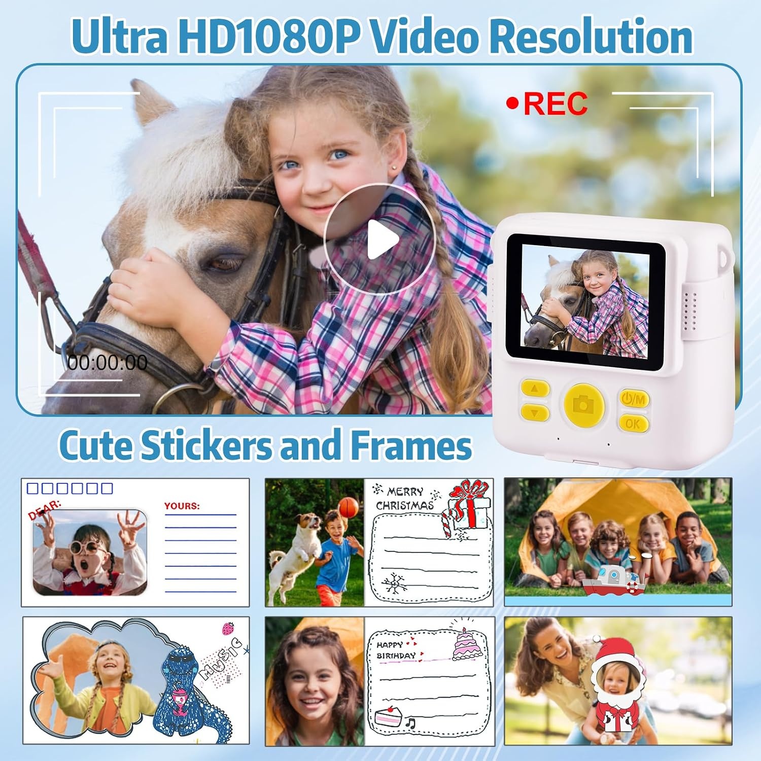 Digitale kindercamera, met 2,4 inch scherm, 1080p HD, 8 MP ingebouwde 32 GB SD-kaart, voor meisjes, jongens, kinderen, 3-10 jaar