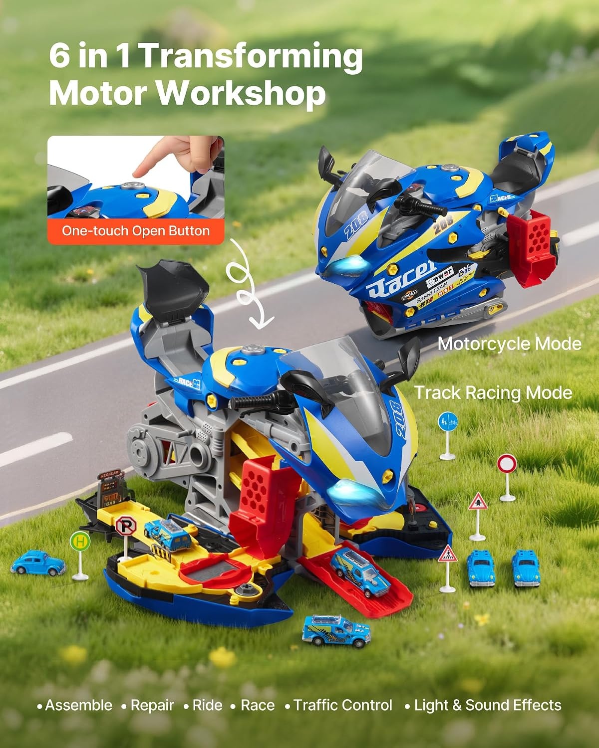 VEVOR Motorspeelgoed, 25 stuks, motormechaniek met afneembare onderdelen, lichten en geluiden, simulatie van rijden en racebanen, voor kinderen vanaf 3 jaar, blauw