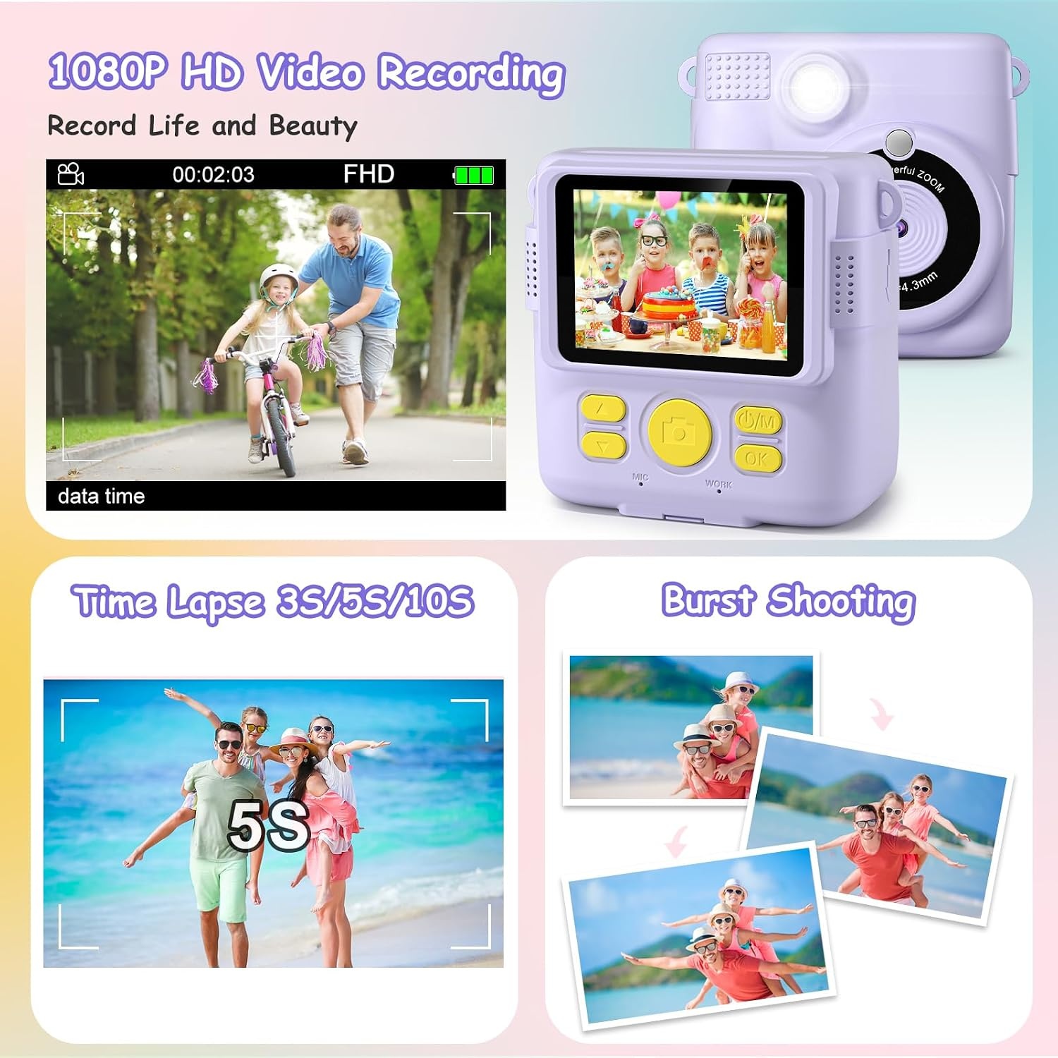 GREENKINDER Kids Instant Print Camera, 2.4'' HD Kids Digital Camera with 32GB Card & 3 Rolls Print Paper, Birthday Toys Gifts for Boys & Girls Age 3-12