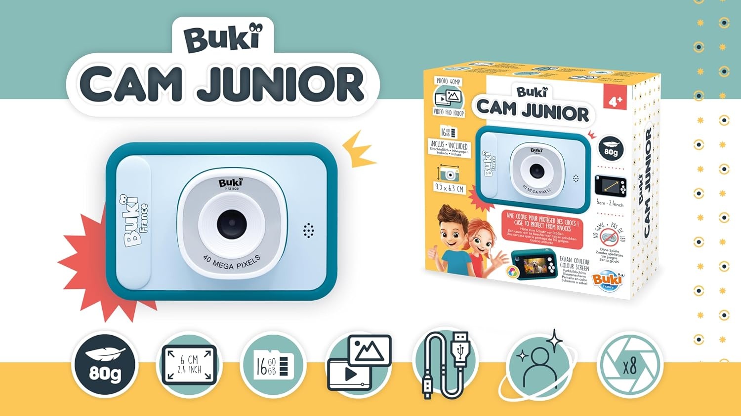 Kindercamera 40 MP & video 1080p – licht 80 g, display 6 cm, zoom X8, filters – zonder games, siliconen beschermhoes, 16 GB SD-kaart, USB-C – vanaf 4 jaar