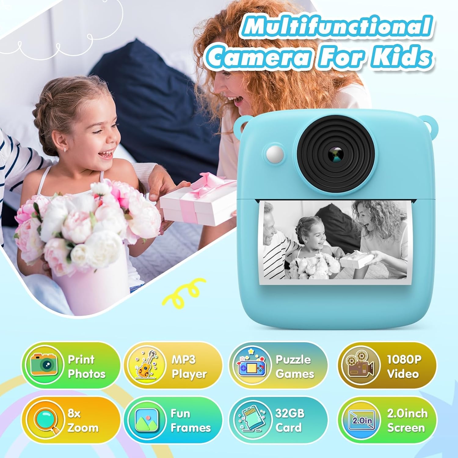‌CalineGam Kindercamera Direct Printen, 48MP Digitale Videocamera met 32GB Kaart & Fotopapier, 2.0" Scherm Direct Afdrukken (Ideaal Kerst- en Verjaardagscadeau) voor Jongens Meisjes 3-12 Jaar (Blauw)