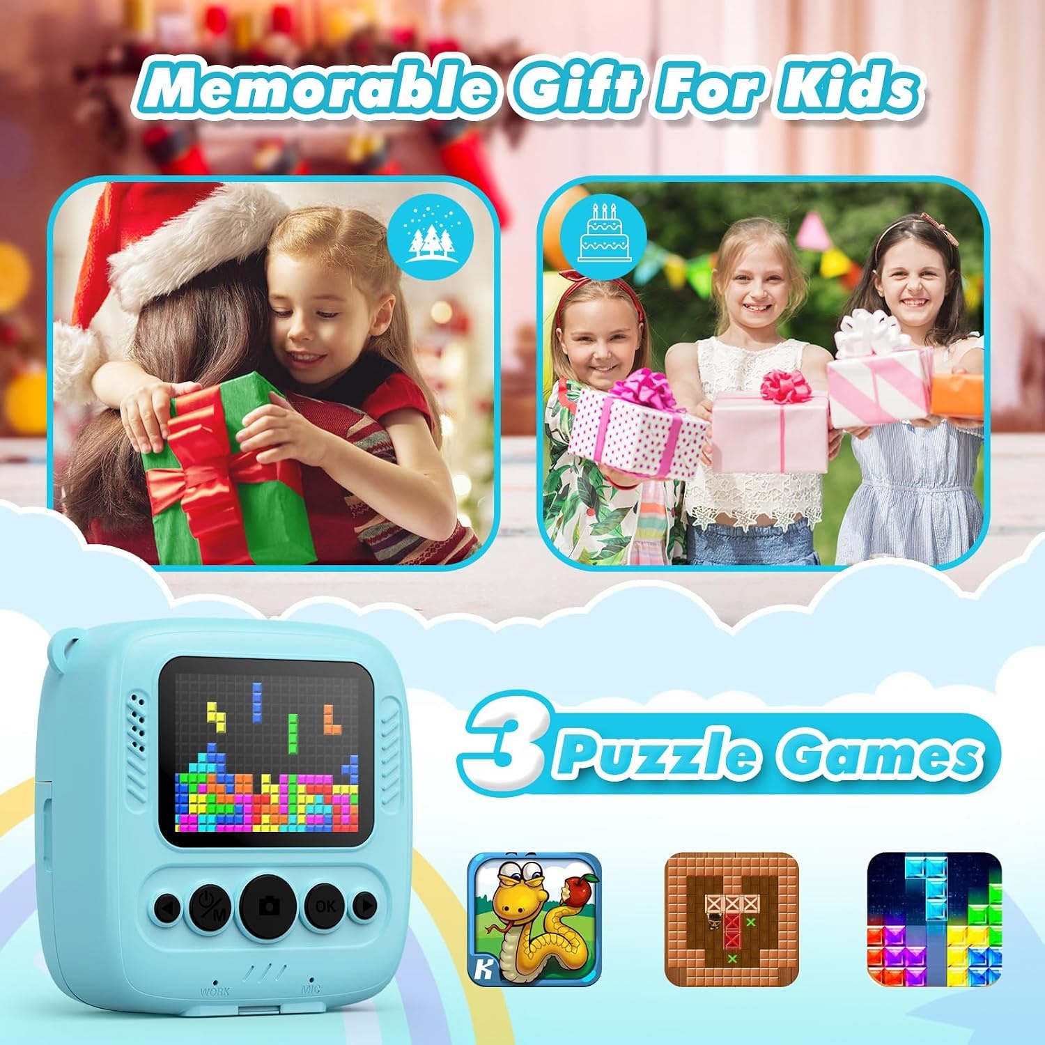 ‌CalineGam Kindercamera Direct Printen, 48MP Digitale Videocamera met 32GB Kaart & Fotopapier, 2.0" Scherm Direct Afdrukken (Ideaal Kerst- en Verjaardagscadeau) voor Jongens Meisjes 3-12 Jaar (Blauw)