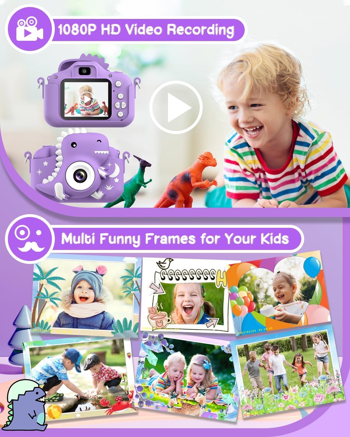 Dinosaur Kids Camera, Toddler Digital Camera for Ages 3-12 Boys Girls Childrens, Christmas Birthday Gifts, Selfie 1080P HD Video Camera for 3 4 5 6 7 8 9 Years Old Boys Girls Toys Purple