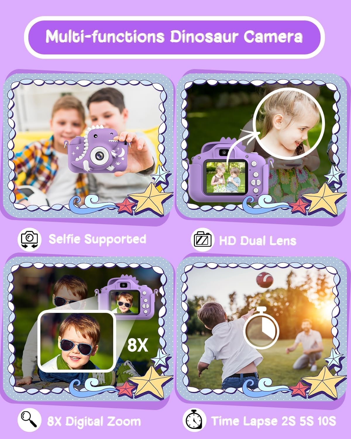 Dinosaur Kids Camera, Toddler Digital Camera for Ages 3-12 Boys Girls Childrens, Christmas Birthday Gifts, Selfie 1080P HD Video Camera for 3 4 5 6 7 8 9 Years Old Boys Girls Toys Purple