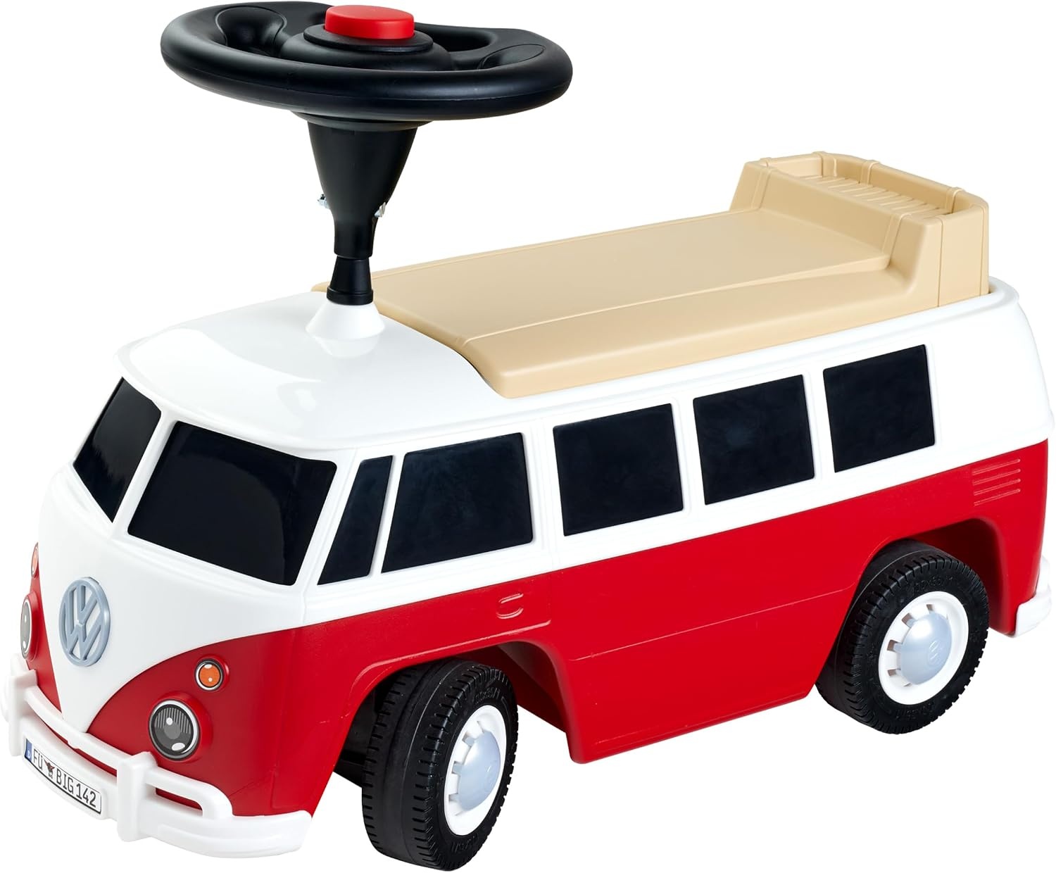 BIG Baby VW RIDE_ON_TOY (Red/White) - Children's Vehicle for Toddlers from 18 Months, Volkswagen T1, Slide Car with Whisper Tyres, Horn & Towing Hitch, Made in Germany