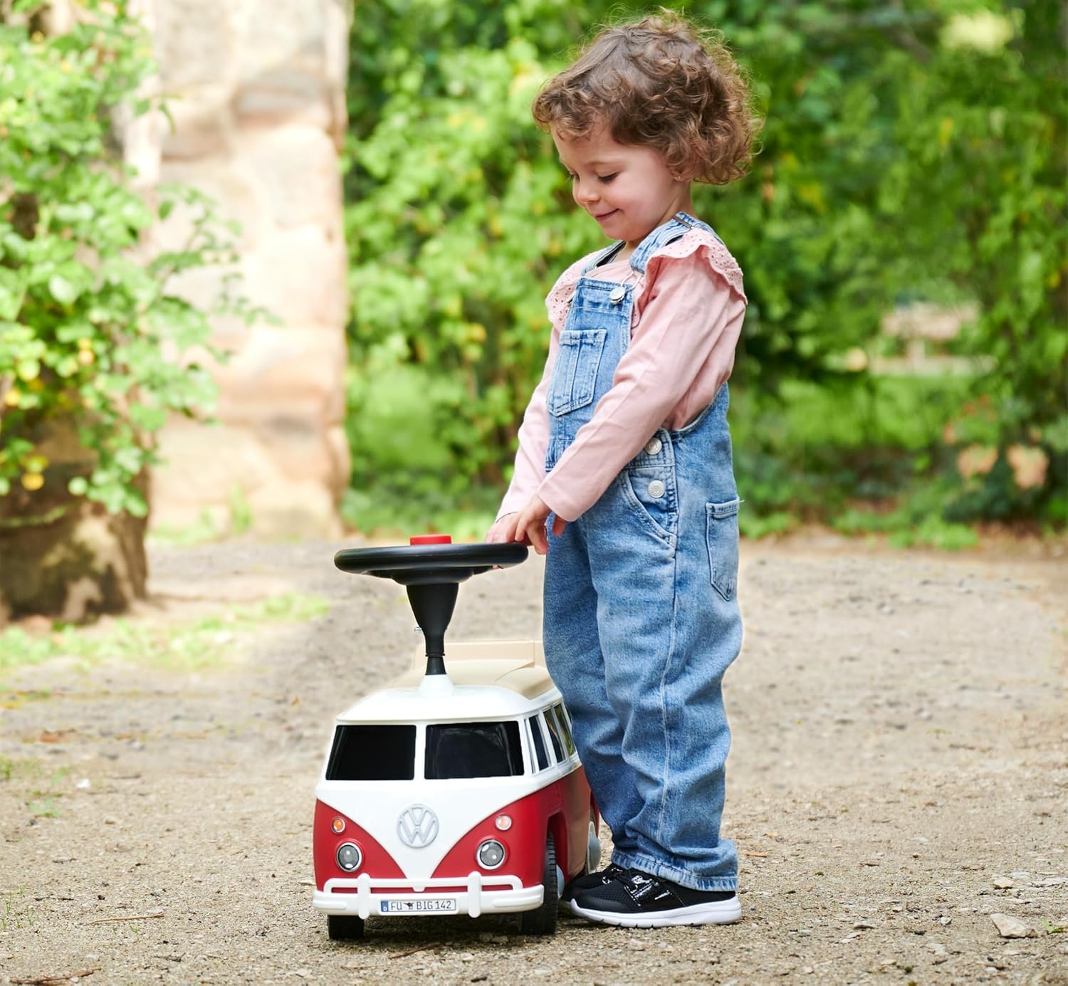 BIG Baby VW RIDE_ON_TOY (Red/White) - Children's Vehicle for Toddlers from 18 Months, Volkswagen T1, Slide Car with Whisper Tyres, Horn & Towing Hitch, Made in Germany