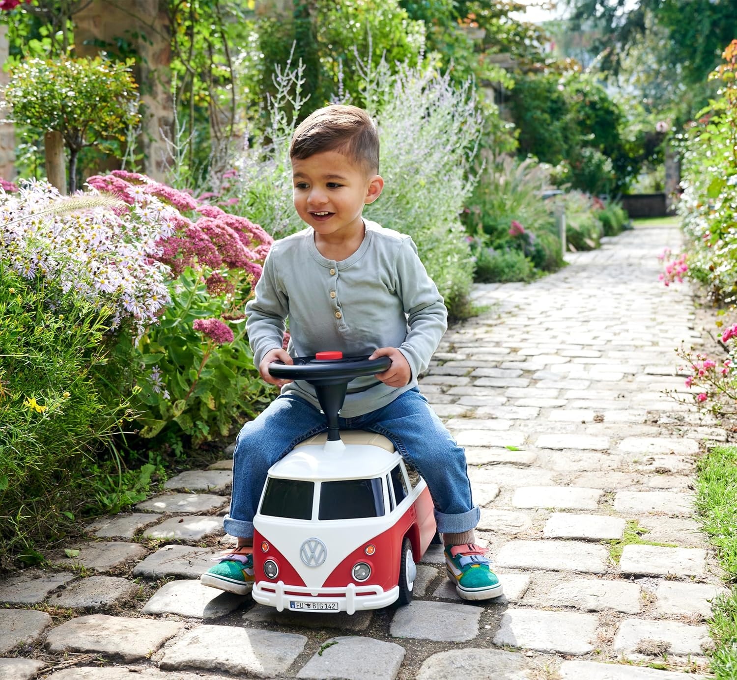BIG Baby VW RIDE_ON_TOY (Red/White) - Children's Vehicle for Toddlers from 18 Months, Volkswagen T1, Slide Car with Whisper Tyres, Horn & Towing Hitch, Made in Germany