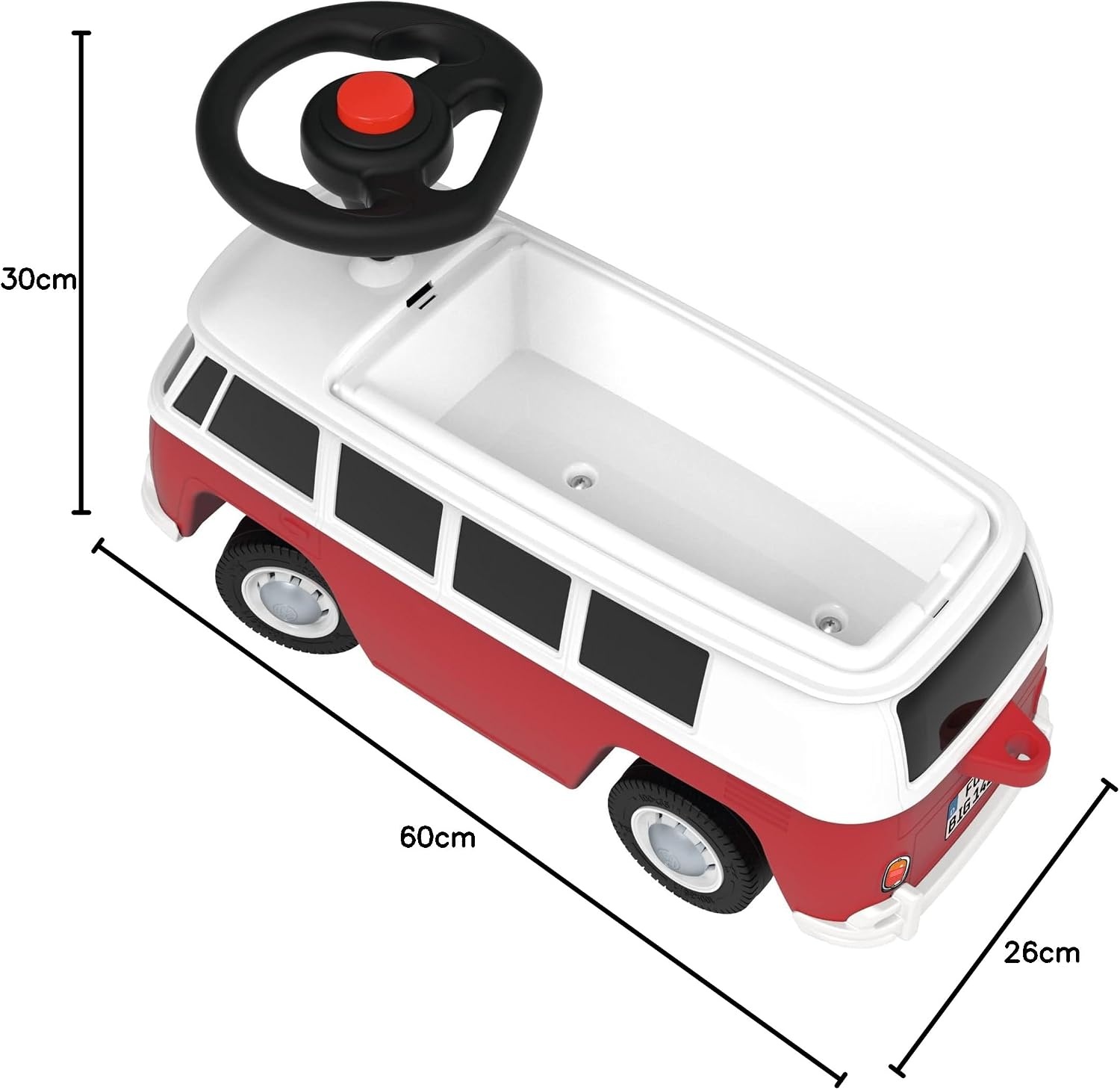 BIG Baby VW RIDE_ON_TOY (Red/White) - Children's Vehicle for Toddlers from 18 Months, Volkswagen T1, Slide Car with Whisper Tyres, Horn & Towing Hitch, Made in Germany
