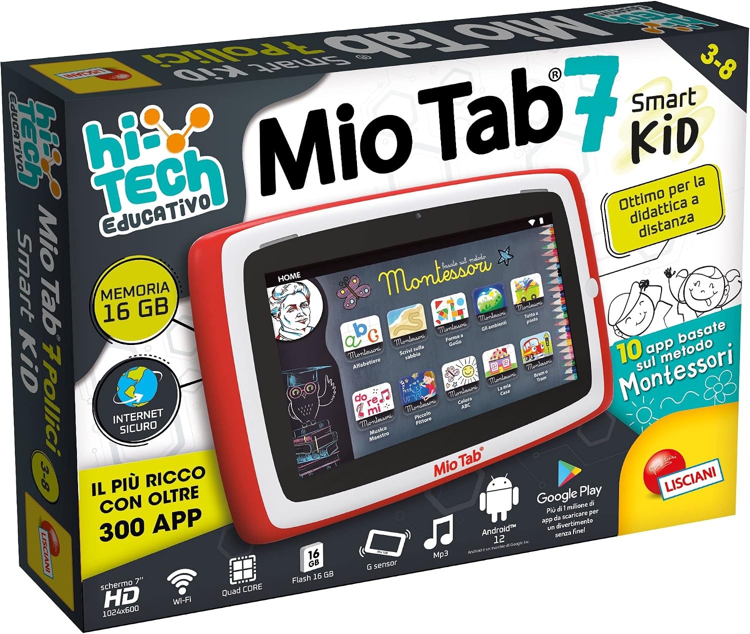 Lisciani Mio Tab 7 inch Smart Kid 2022, kinderen 3-8 jaar, geheugen 16 GB, autonome, sensorische vaardigheden, hand-oogcoördinatie, meerkleurig, 97012