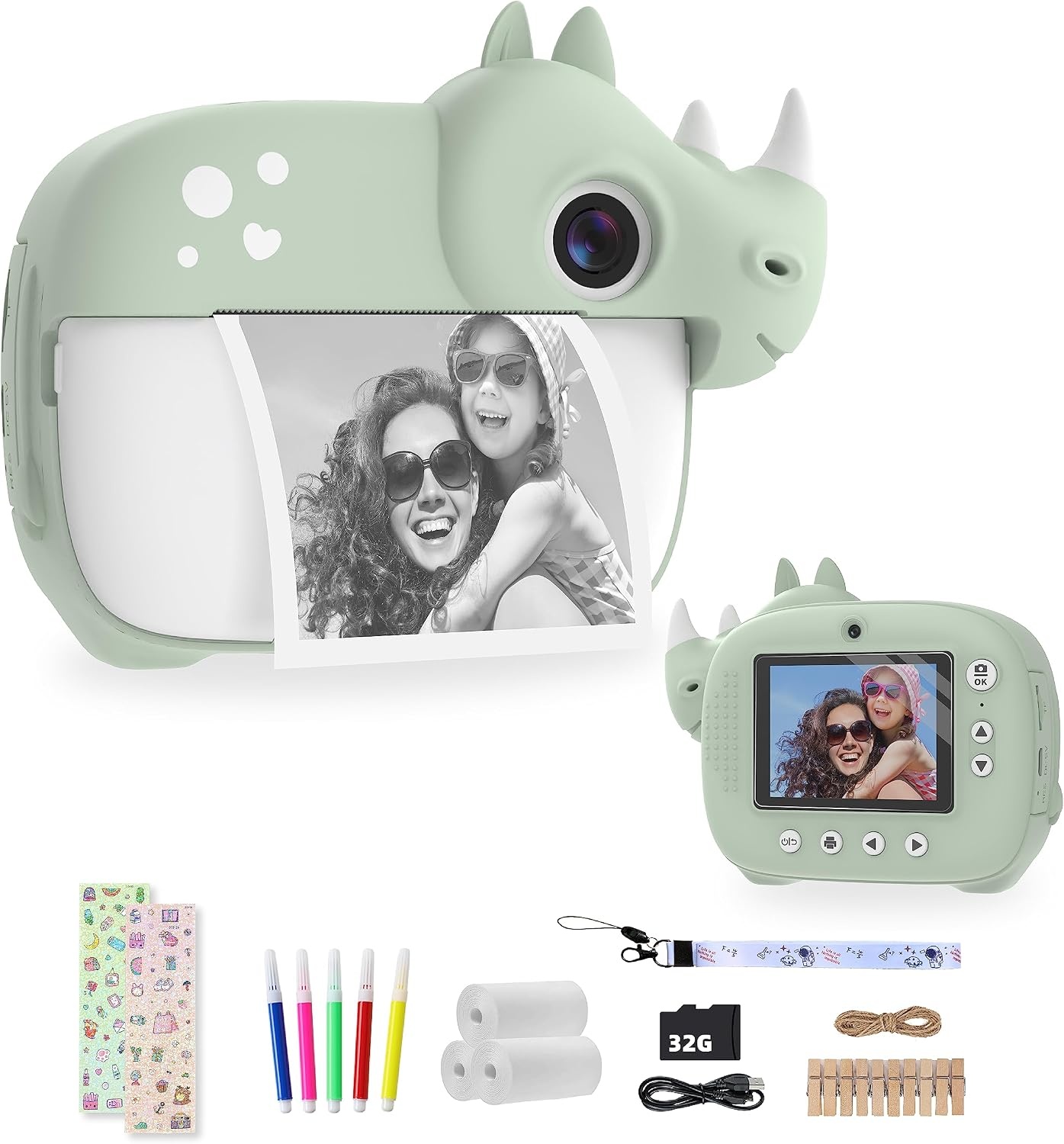CAMCLID Instant camera voor kinderen, 2,4 inch (6,1 cm), instant printen, kinderen met 32 GB kaart en accessoires, 1080p HD digitale camera, cadeau voor kinderen (groen)