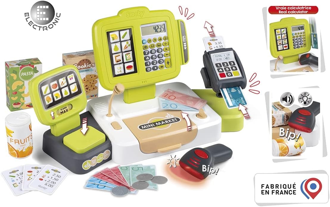 Smoby - Elektronische supermarktkassa XL - Speelkassa met rekenmachinefunctie - Licht- en geluid - Talrijke accessoires - Vanaf 3 jaar