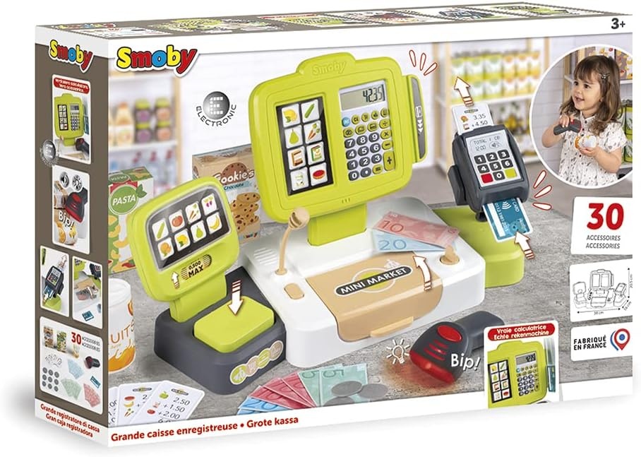 Smoby - Elektronische supermarktkassa XL - Speelkassa met rekenmachinefunctie - Licht- en geluid - Talrijke accessoires - Vanaf 3 jaar