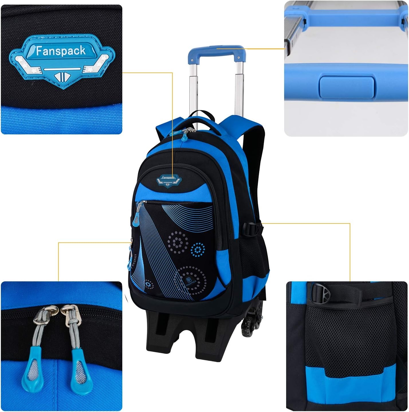Fanspack Rugzak, trolley, kindertrolley, rugzak voor jongens, schooltas, trolley, schooltrolley, rugzak met wielen, 6 wielen