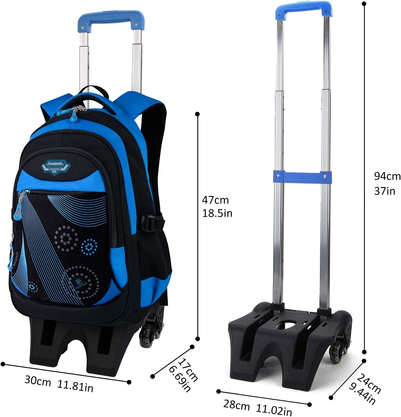 Fanspack Rugzak, trolley, kindertrolley, rugzak voor jongens, schooltas, trolley, schooltrolley, rugzak met wielen, 6 wielen