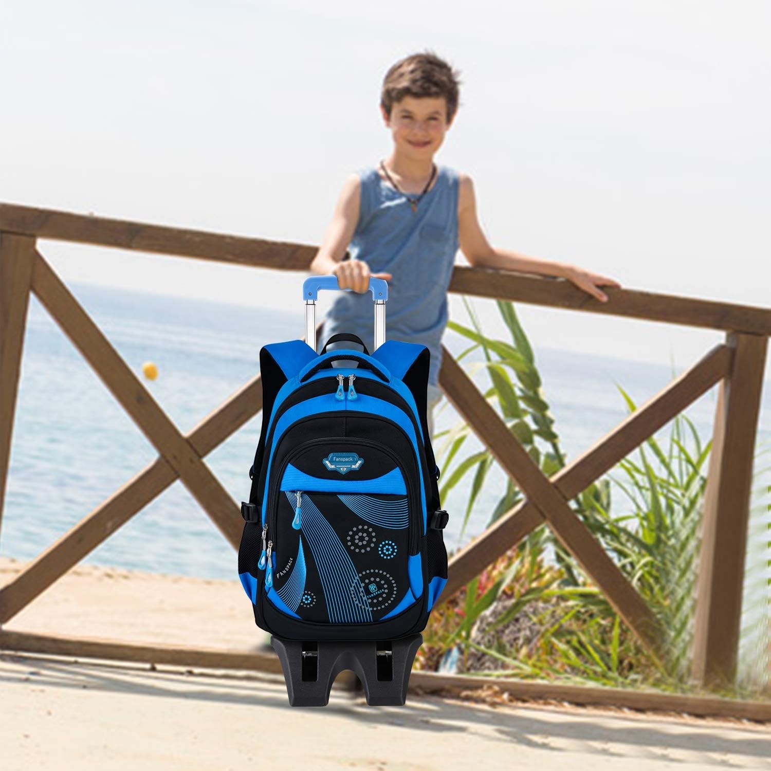 Fanspack Rugzak, trolley, kindertrolley, rugzak voor jongens, schooltas, trolley, schooltrolley, rugzak met wielen, 6 wielen