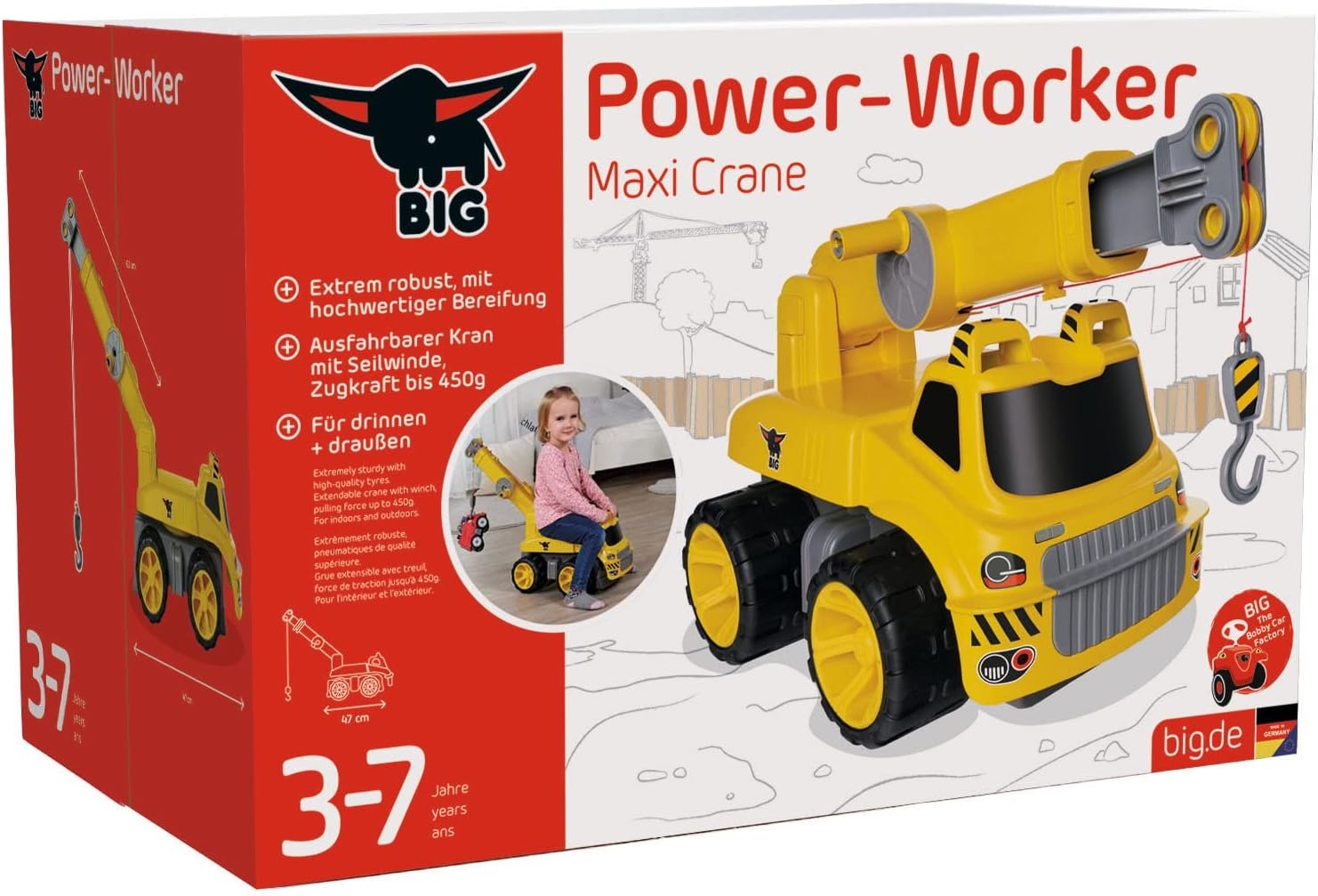 BIG 800055816 - Speelgoedkraan, Loopauto, tilt tot 350 gram, 360 graden kraan, 3 tot 7 jaar