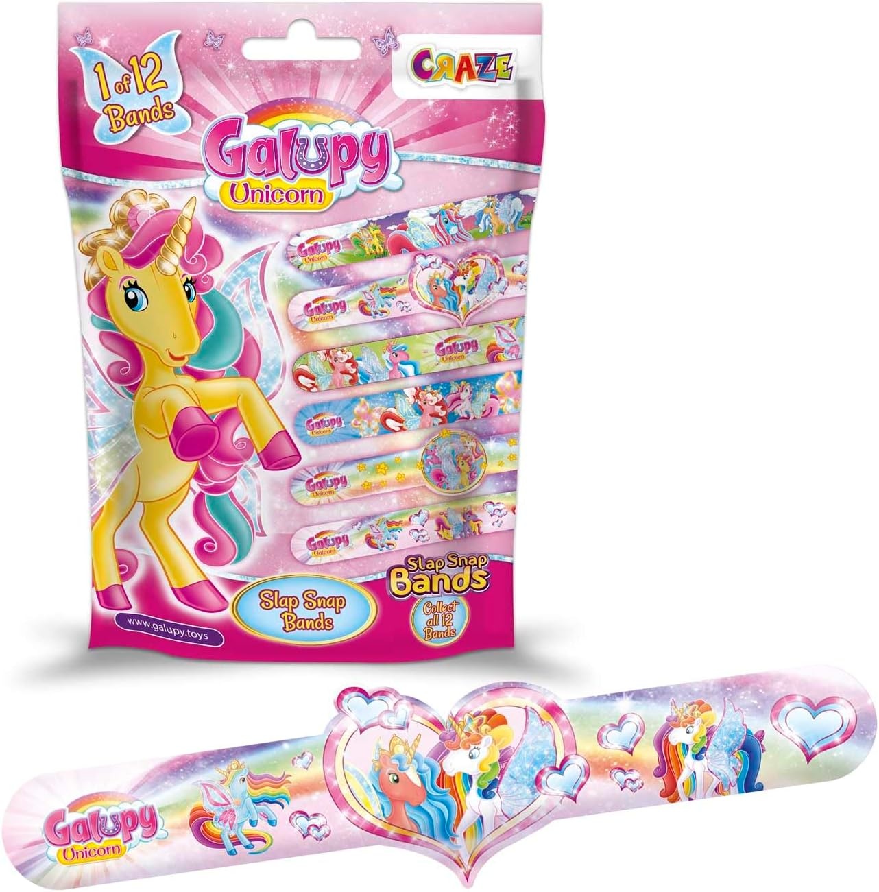 Craze Slap Snap Band, verzamelarmband voor kinderen, met Galupy eenhoorn-designs, 12 modellen om te verzamelen, 16 cm, Siliconen, Geen edelsteen