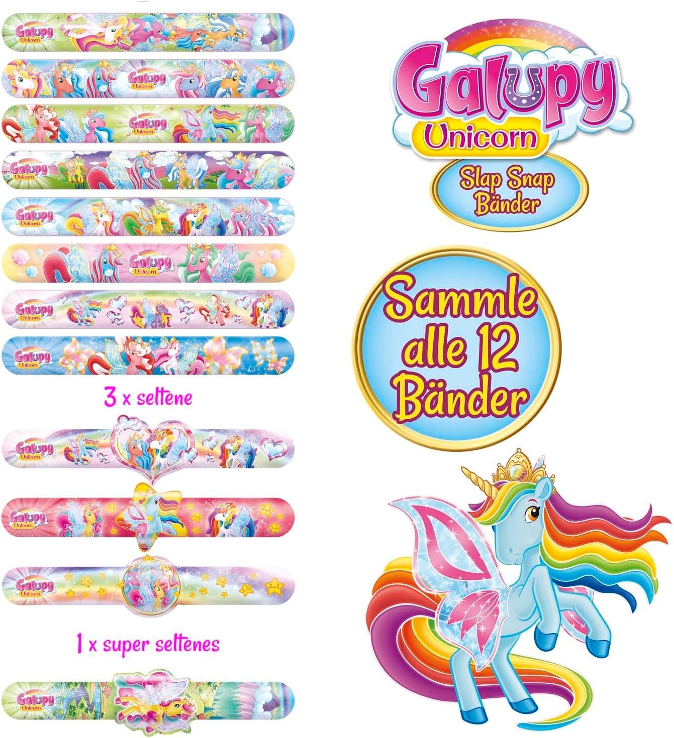 Craze Slap Snap Band, verzamelarmband voor kinderen, met Galupy eenhoorn-designs, 12 modellen om te verzamelen, 16 cm, Siliconen, Geen edelsteen