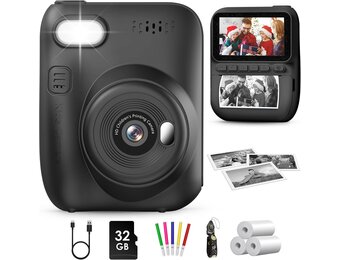 GREENKINDER Instant Kindercamera, 3.0" Groot Scherm Inclusief 32GB Kaart & 3 Rollen Printpapier, 1080P Selfie Digitale Camera voor Kinderen, Speelgoedcadeau voor Jongens en Meisjes van 3-12 Jaar