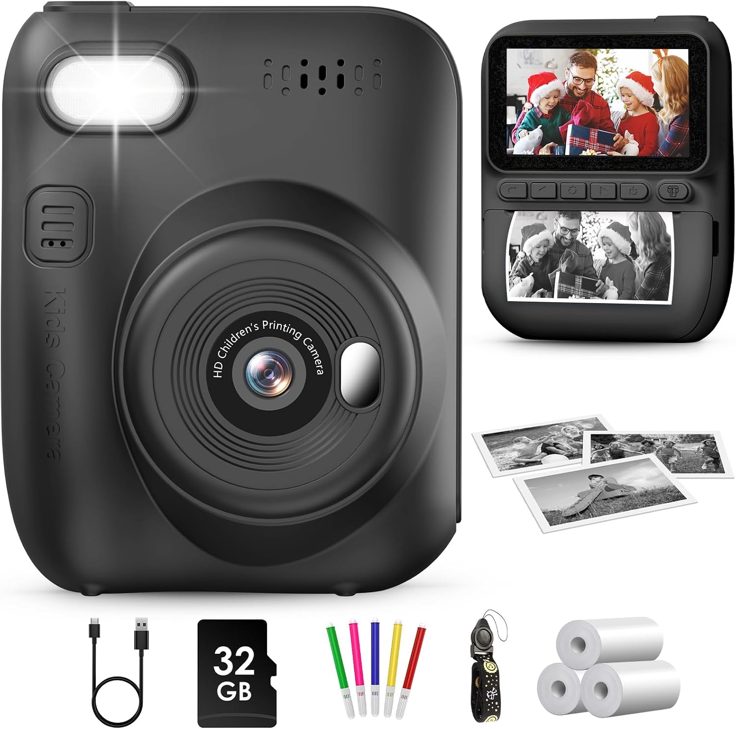 GREENKINDER Instant Kindercamera, 3.0" Groot Scherm Inclusief 32GB Kaart & 3 Rollen Printpapier, 1080P Selfie Digitale Camera voor Kinderen, Speelgoedcadeau voor Jongens en Meisjes van 3-12 Jaar