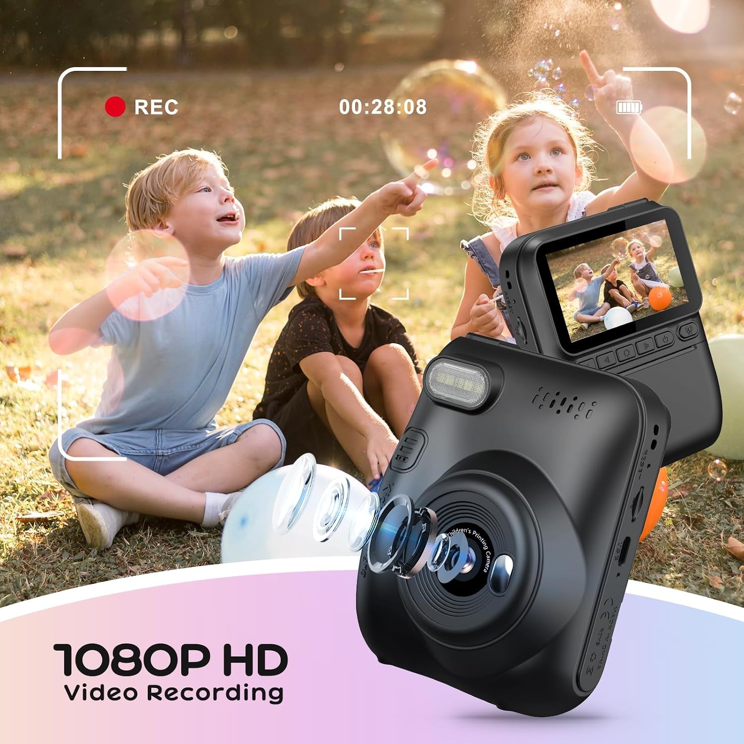 GREENKINDER Instant Kindercamera, 3.0" Groot Scherm Inclusief 32GB Kaart & 3 Rollen Printpapier, 1080P Selfie Digitale Camera voor Kinderen, Speelgoedcadeau voor Jongens en Meisjes van 3-12 Jaar