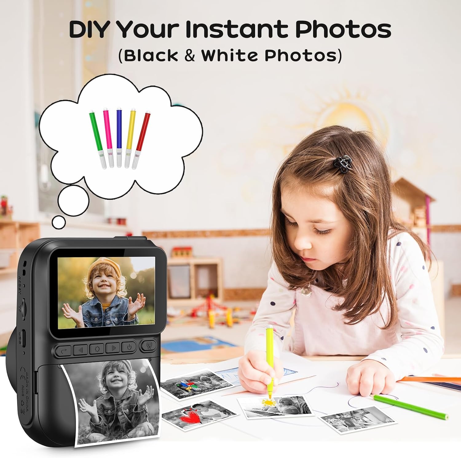 GREENKINDER Instant Kindercamera, 3.0" Groot Scherm Inclusief 32GB Kaart & 3 Rollen Printpapier, 1080P Selfie Digitale Camera voor Kinderen, Speelgoedcadeau voor Jongens en Meisjes van 3-12 Jaar
