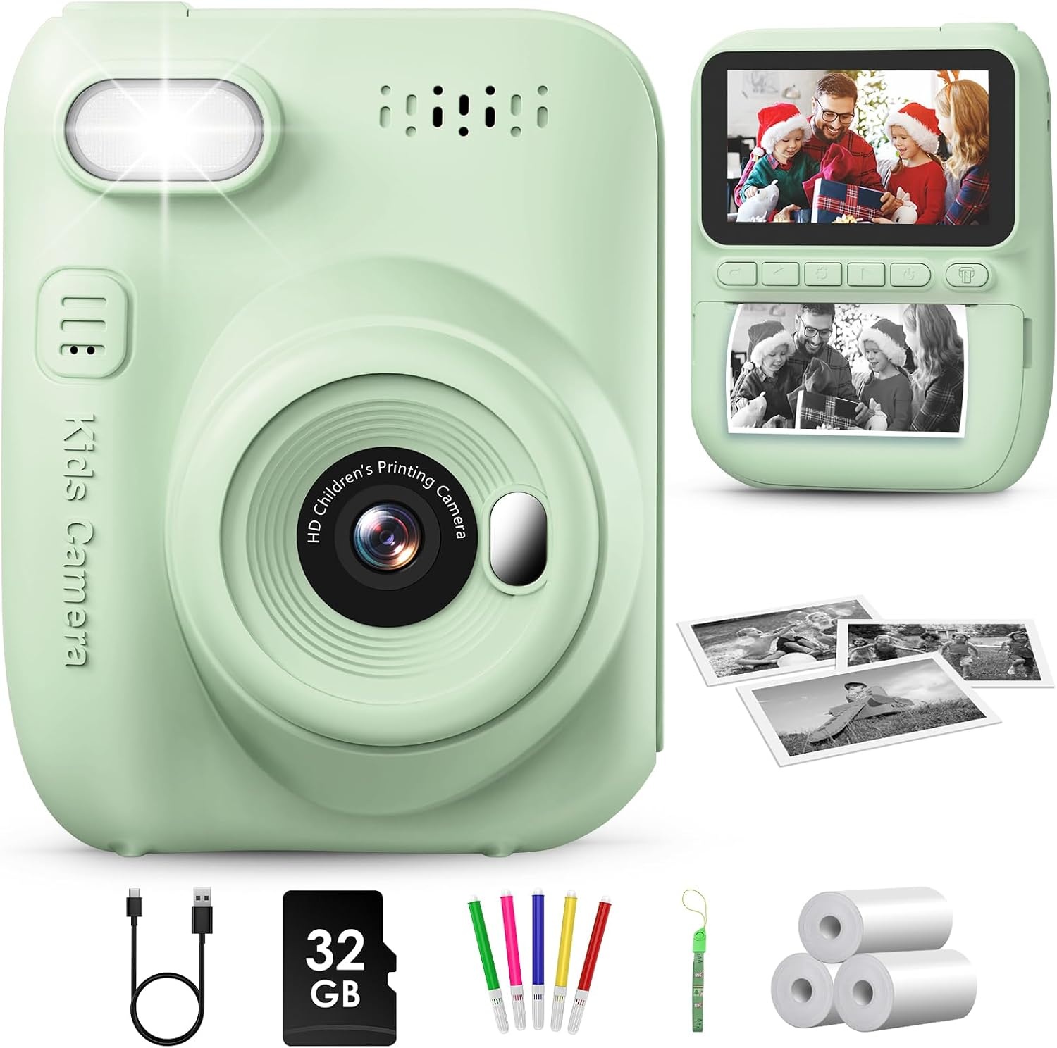GREENKINDER Instant Kindercamera, 3.0" Groot Scherm Inclusief 32GB Kaart & 3 Rollen Printpapier, 1080P Selfie Digitale Camera voor Kinderen, Speelgoedcadeau voor Jongens en Meisjes van 3-12 Jaar