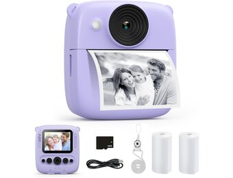 CalineGam Kindercamera Direct Printen, 48MP Digitale Videocamera met 32GB Kaart & Fotopapier, 2.0" Scherm Direct Afdrukken (Ideaal Kerst- en Verjaardagscadeau) voor Jongens Meisjes 3-12 Jaar (Paars)
