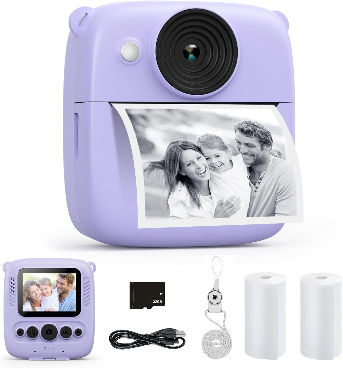 ‌CalineGam Kindercamera Direct Printen, 48MP Digitale Videocamera met 32GB Kaart & Fotopapier, 2.0" Scherm Direct Afdrukken (Ideaal Kerst- en Verjaardagscadeau) voor Jongens Meisjes 3-12 Jaar (Paars)