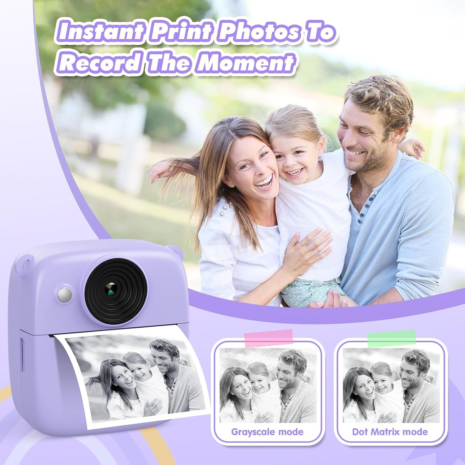 ‌CalineGam Kindercamera Direct Printen, 48MP Digitale Videocamera met 32GB Kaart & Fotopapier, 2.0" Scherm Direct Afdrukken (Ideaal Kerst- en Verjaardagscadeau) voor Jongens Meisjes 3-12 Jaar (Paars)