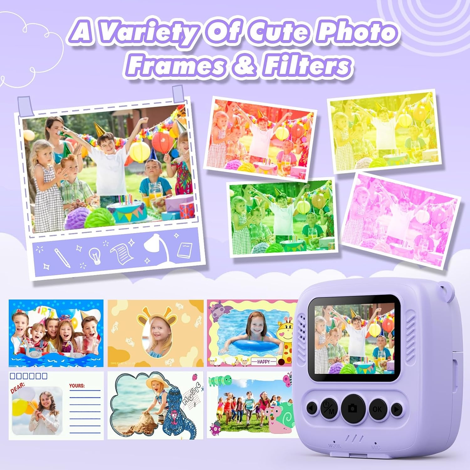 ‌CalineGam Kindercamera Direct Printen, 48MP Digitale Videocamera met 32GB Kaart & Fotopapier, 2.0" Scherm Direct Afdrukken (Ideaal Kerst- en Verjaardagscadeau) voor Jongens Meisjes 3-12 Jaar (Paars)
