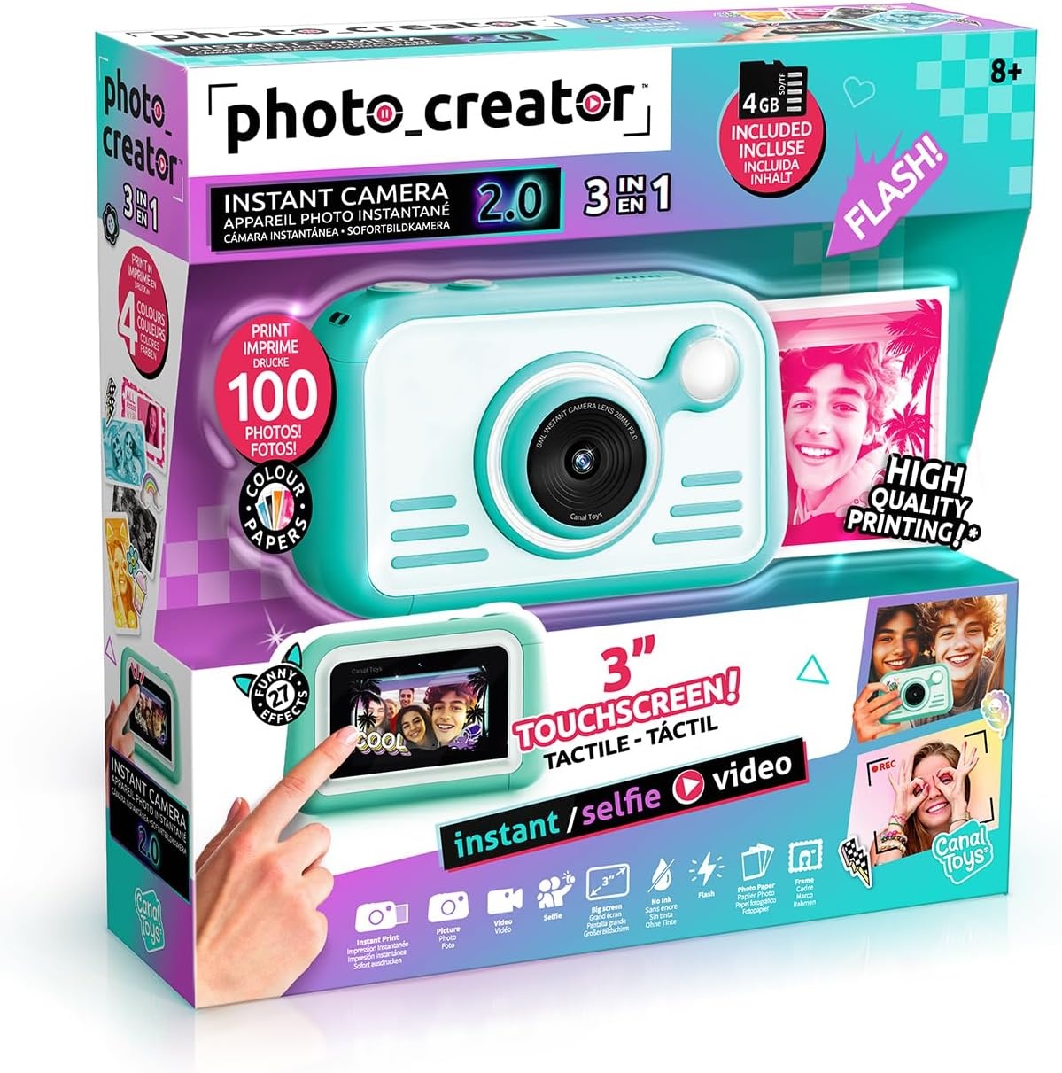 Photo Creator Instant Print Camera 2.0, maak foto's en print direct! Geen inkt nodig, touchscreen, flitser en ringlicht! Fotokwaliteitspapier