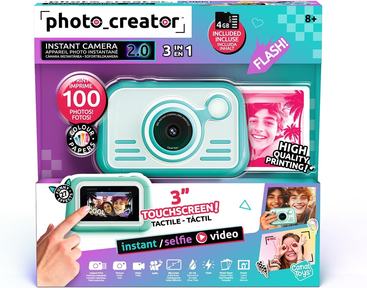 Photo Creator Instant Print Camera 2.0, maak foto's en print direct! Geen inkt nodig, touchscreen, flitser en ringlicht! Fotokwaliteitspapier