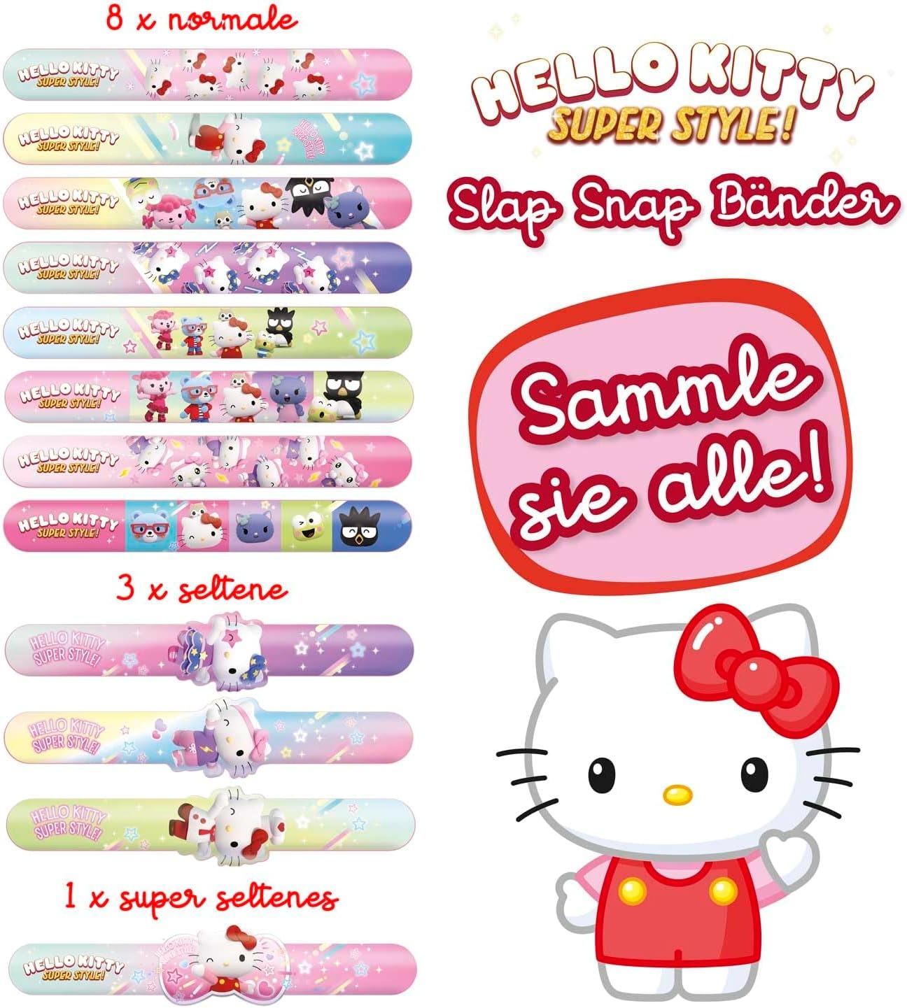 Craze Slap Snap Band, display met 24 verzamelarmbanden voor kinderen, met Hello Kitty-designs, 12 modellen om te verzamelen, 16 cm, Siliconen, Geen edelsteen