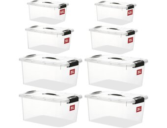 Opbergboxen voor thuis & kantoor 8 stuks kunststof transparant stapelbaar met deksel en gespen | 4x 25L, 2x 10L, 2x 6.5L | BPA-vrij