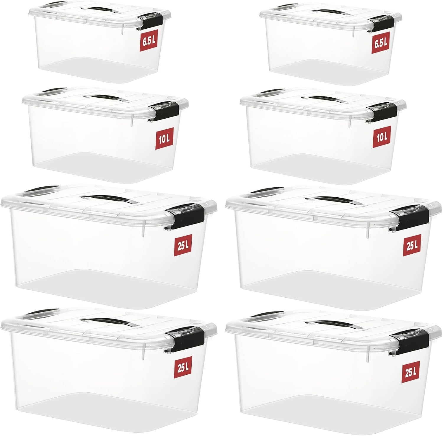 Opbergboxen voor thuis & kantoor 8 stuks kunststof transparant stapelbaar met deksel en gespen | 4x 25L, 2x 10L, 2x 6.5L | BPA-vrij