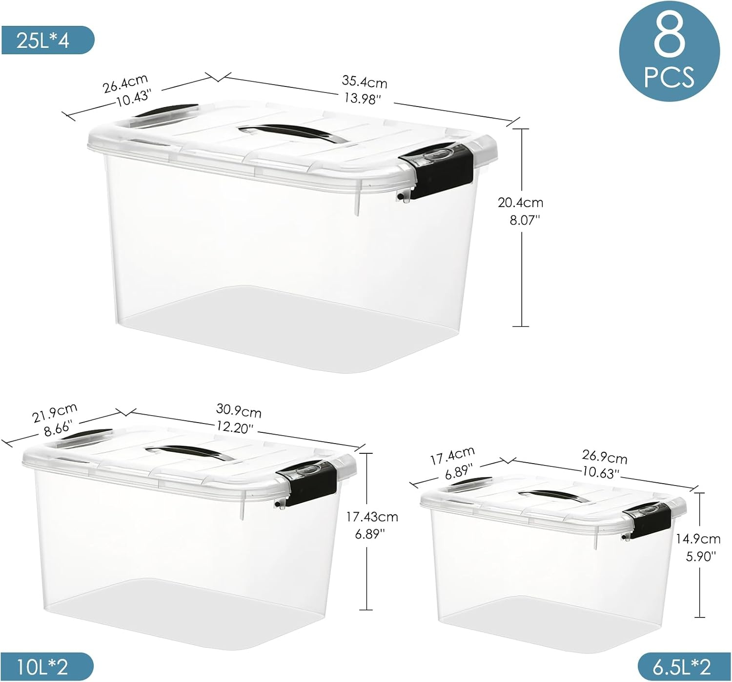 Opbergboxen voor thuis & kantoor 8 stuks kunststof transparant stapelbaar met deksel en gespen | 4x 25L, 2x 10L, 2x 6.5L | BPA-vrij