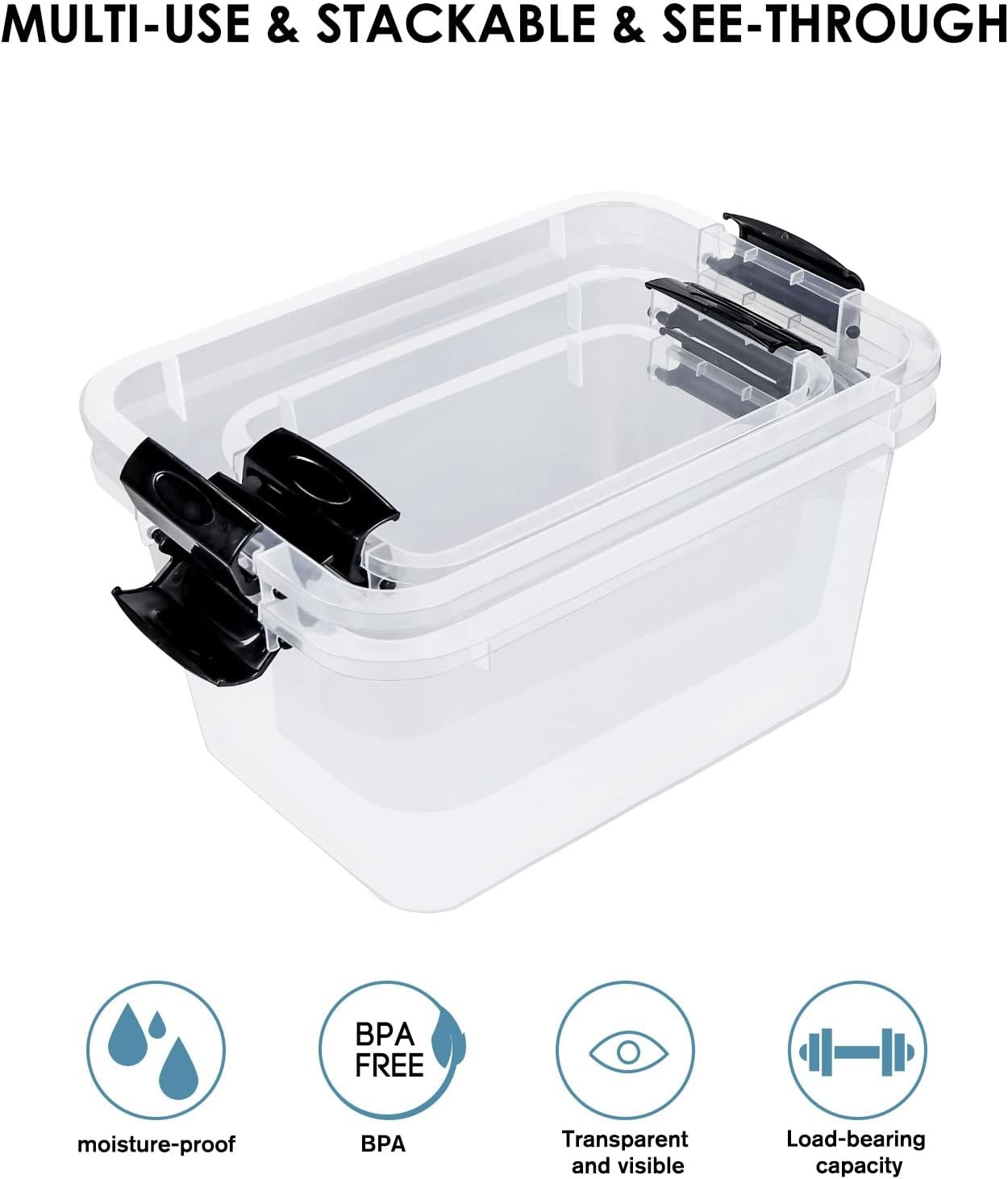 Opbergboxen voor thuis & kantoor 8 stuks kunststof transparant stapelbaar met deksel en gespen | 4x 25L, 2x 10L, 2x 6.5L | BPA-vrij