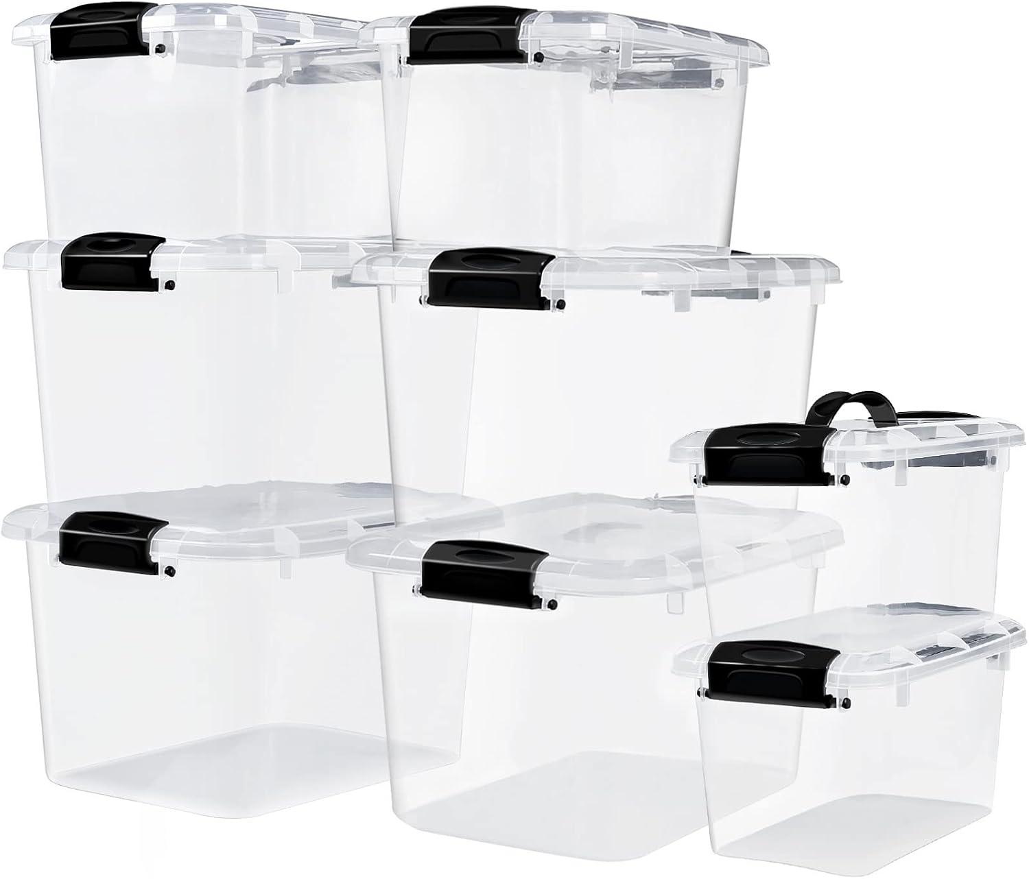Opbergboxen voor thuis & kantoor 8 stuks kunststof transparant stapelbaar met deksel en gespen | 4x 25L, 2x 10L, 2x 6.5L | BPA-vrij